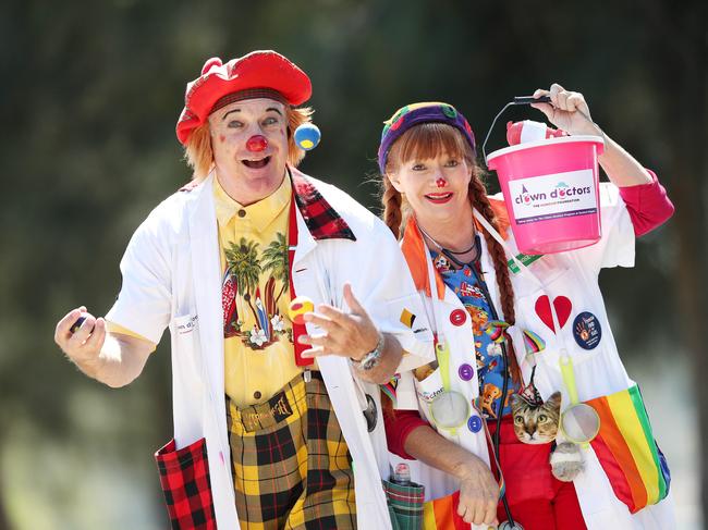 Clown Doctors Dr Nose Best and Dr Nose Nothing at Koolewong roadside appeal Tuesday 22nd October 2019. Picture: Sue Graham