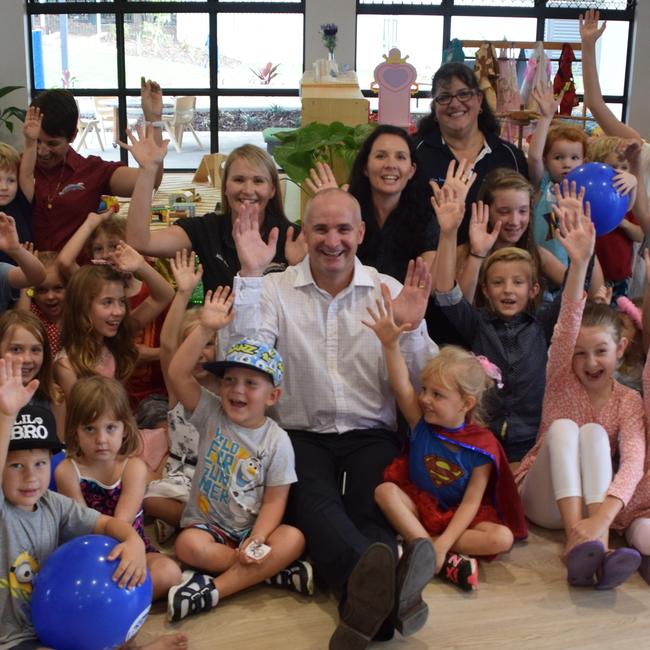 Gladstone MP Glenn Butcher celebrated alongside the kids of the Calliope Kindy shortly after it’s opening. Picture: Helen Spelitis