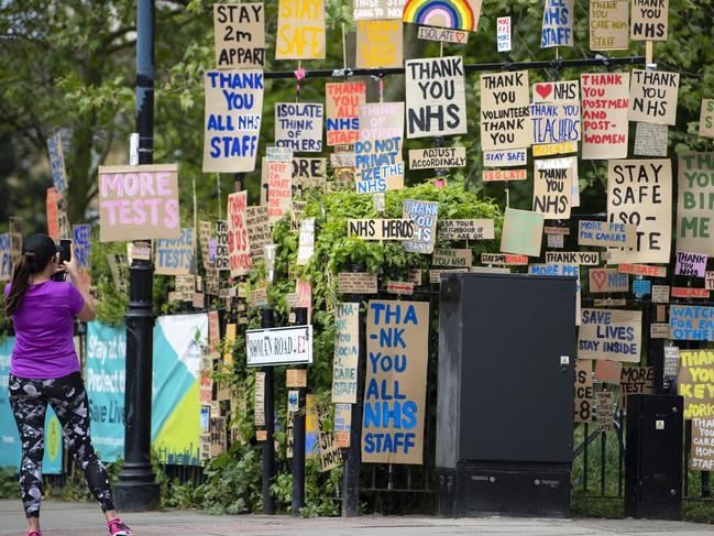 ‘Thank you NHS!’ Signs in support of healthcare workers in East London. Picture: Getty Images