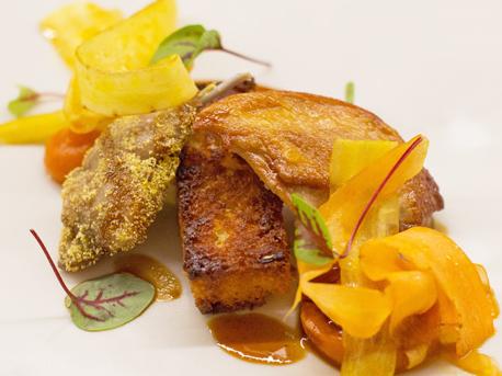 Game Farm Quail, Heirloom Carrots, Summer Savory, Corn Bread, by Marcus Wareing For Life Flavour of the Month Image supplied