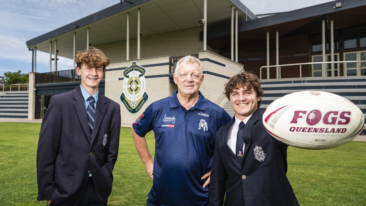 Canterbury Bulldogs general manager Phil Gould talks rugby league with St Mary's College students Sam Sheppard (left) and Noah Rogers, Tuesday, November 29, 2022. Picture: Kevin Farmer