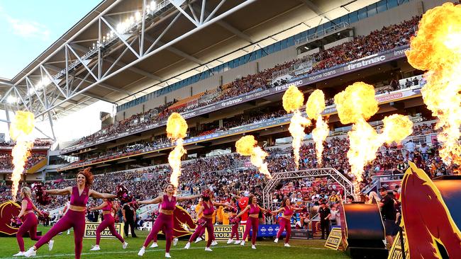 BRISBANE, AUSTRALIA — JUNE 09: Cheerleaders run out during the round 13 NRL match between the Brisbane Broncos and the Gold Coast Titans at Suncorp Stadium on June 09, 2019 in Brisbane, Australia. (Photo by Jono Searle/Getty Images)