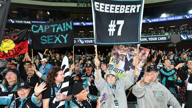 Port fans during the Round 8 AFL match between the Port Adelaide Power and the Adelaide Crows. Picture: David Mariuz