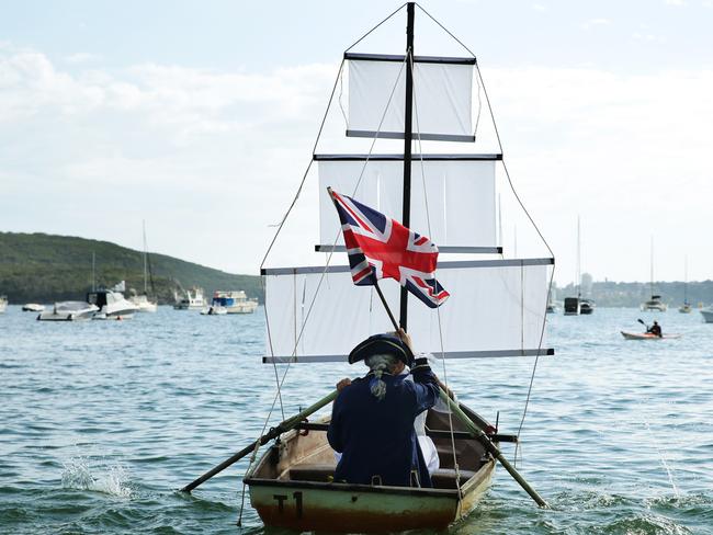 Kenja’s re-enactment of the First Fleet landing on Australia Day at Balmoral Beach last year. Picture: Braden Fastier