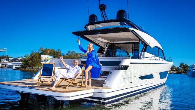 Sanctuary Cove Boat Show 2023. Gerard Rivereau (correct) and Georgie Denahy (correct) on a Maritimo Luxury Motor Yacht Sedan S75. It’s the largest Maritimo Yacht to date with its global launch at Sanctuary Cove International Boat Show. Picture: Nigel Hallett