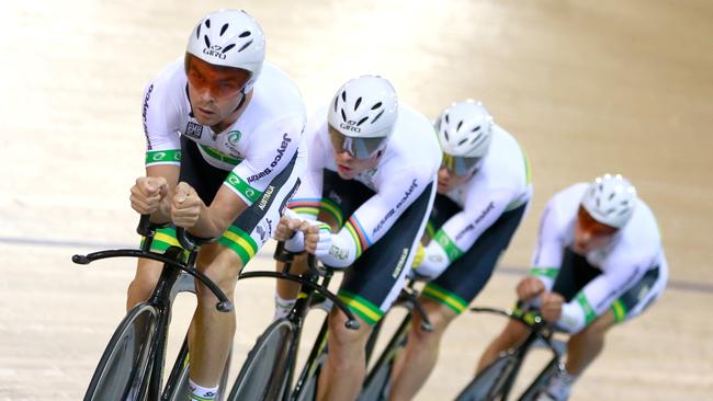 Jack Bobridge, Alexander Edmondson, Michael Hepburn and Luke Davison on their way to the mens team pursuit title at the track cycling world cup. Picture: Phil Walter (Getty Images)