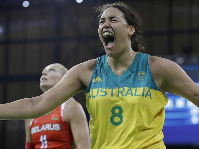 Australia center Liz Cambage reacts after making a basket and receiving a foul during the second half of a women's basketball game against Belarus at the Youth Center at the 2016 Summer Olympics in Rio de Janeiro, Brazil, Saturday, Aug. 13, 2016. Australia defeated Belarus 74-66. (AP Photo/Carlos Osorio)