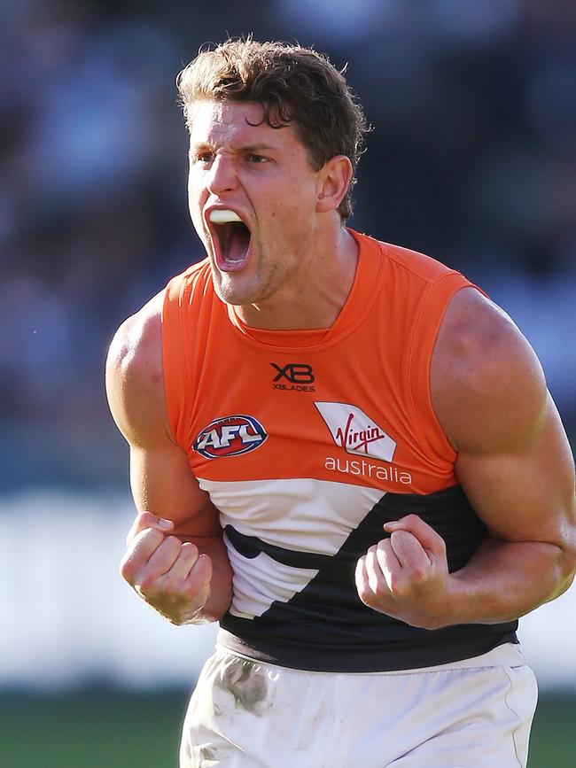 Jacob Hopper celebrates GWS Giants’ win over Geelong. Picture: Michael Dodge/Getty Images. 