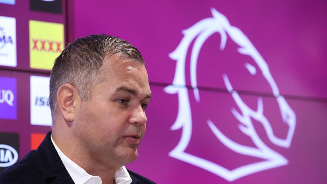 BRISBANE, AUSTRALIA - AUGUST 26: Broncos coach Anthony Seibold speaks to the media during a Brisbane Broncos NRL media opportunity at the Clive Berghofer Centre on August 26, 2020 in Brisbane, Australia. (Photo by Jono Searle/Getty Images)