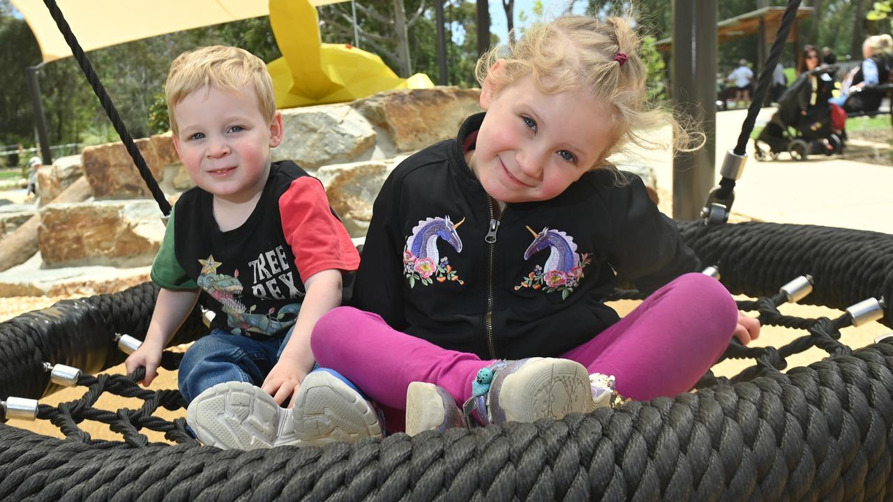 Aria who is five and Carter, two are happy with the playground. Picture: Keryn Stevens.