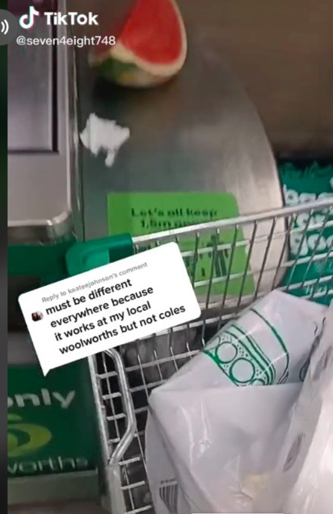 However, several shoppers said the trolleys didn’t fit at all supermarket self-serve check-outs yet. Picture: TikTok/@seven4eight748