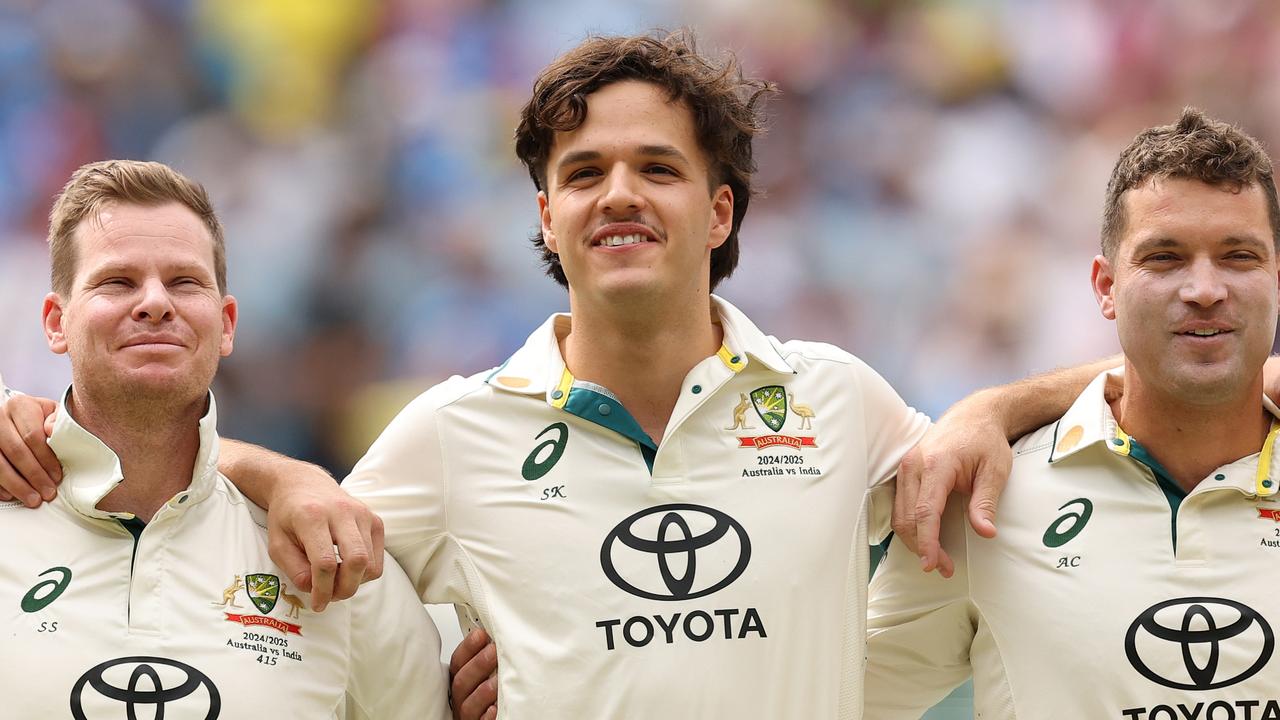 The broad grin couldn’t be wiped from Konstas’ face in the pre-game, including the national anthems. Picture: Robert Cianflone / Getty Images