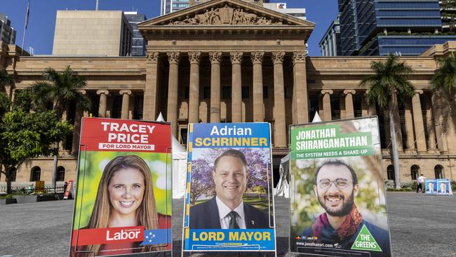 Posters for Lord Mayoral candidates Tracey Price, Adrian Schrinner and Jonathan Sriranganathan at early voting for the Brisbane City Council Election at Brisbane City Hall, Monday, March 4, 2024 - Picture: Richard Walker