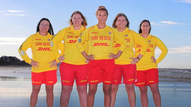 Surf Life saving Australia have launched a new female mentoring program. Some of the participants at Burleigh Heads are from left, Kerrie Barnes, Courtney Taylor, Courtney Hancock, Kylie Bade-Peters, and Belinda Doman. Picture Glenn Hampson