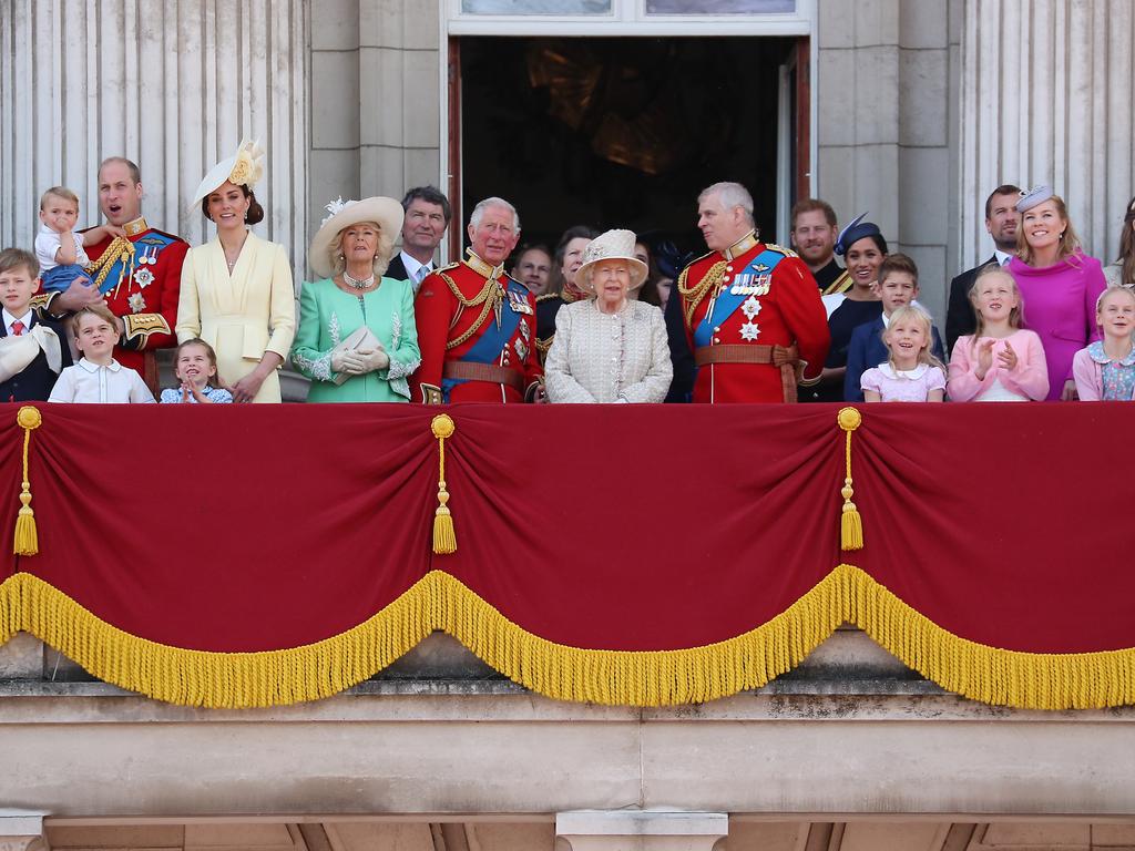 The Queen and the royals on the balcony of Buckingham Palace during Trooping The Colour in 2019. This years’s group will be a slimmed-down version of previous events. Picture: Neil Mockford/GC Images