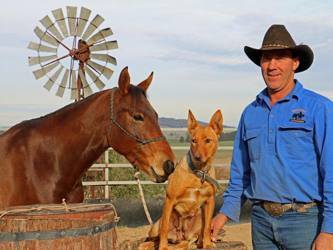 Tim O’Brien, pictured with horse Diesel and dog, Ding, will entertain field day visitors with his Boggy Creek Show.