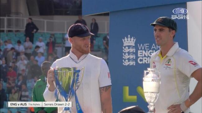 Stokes & Cummins share awkward exchange during trophy presentation