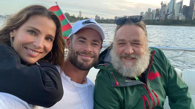 Pictures from Chris Hemsworth's Instagram of him and Elsa Pataky enjoying the South Sydney Rabbitohs win with Russell Crowe. Source: Instagram