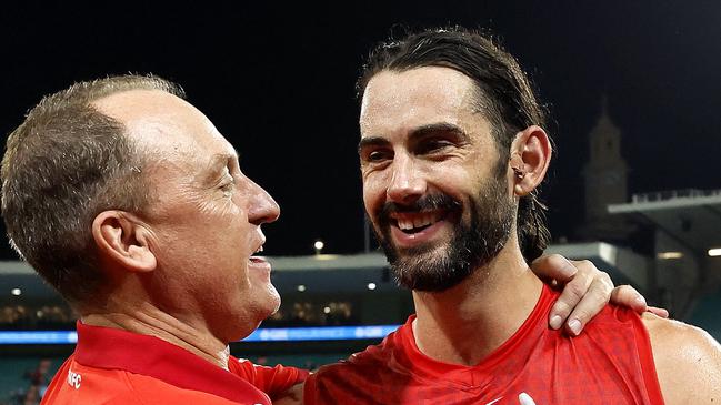 Sydney Swans coach John Longmire with Brodie Grundy during the AFL Opening Round match between the Sydney Swans and Melbourne Demons at the SCG on March 7, 2024. Photo by Phil Hillyard(Image Supplied for Editorial Use only - Phil Hillyard  **NO ON SALES** - Â©Phil Hillyard )