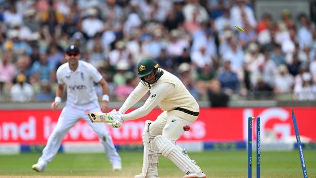 BIRMINGHAM, ENGLAND - JUNE 18: Usman Khawaja of Australia is bowled by Ollie Robinson of England (not pictured) for 141 runs during Day Three of the LV= Insurance Ashes 1st Test match between England and Australia at Edgbaston on June 18, 2023 in Birmingham, England. (Photo by Shaun Botterill/Getty Images)