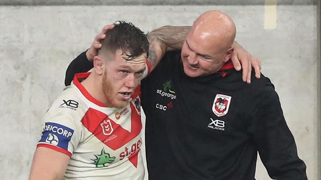 Cameron McInnes and Paul McGregor celebrate the Dragons’ gritty win. Picture: Getty Images