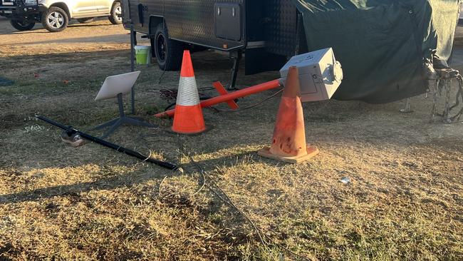 The remains of a family's campsite after their car, and attached caravan, was stolen on Monday night from the Allen Terry Caravan Park in Hughenden