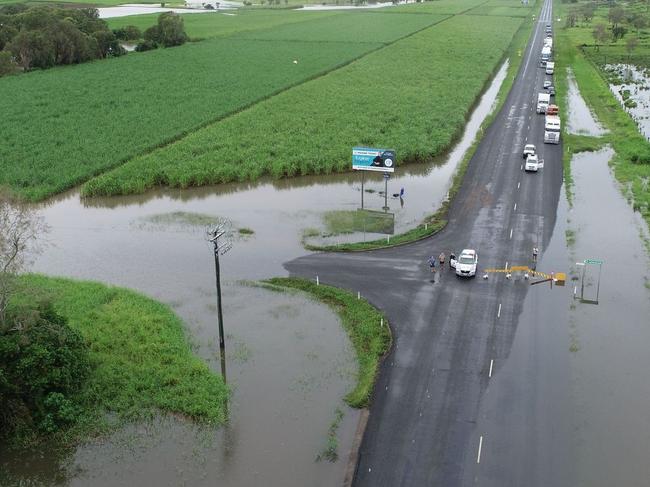 Drone images of flooding at Thompson's Creek on the Bruce Highway looking north. Photos: Robert Murolo