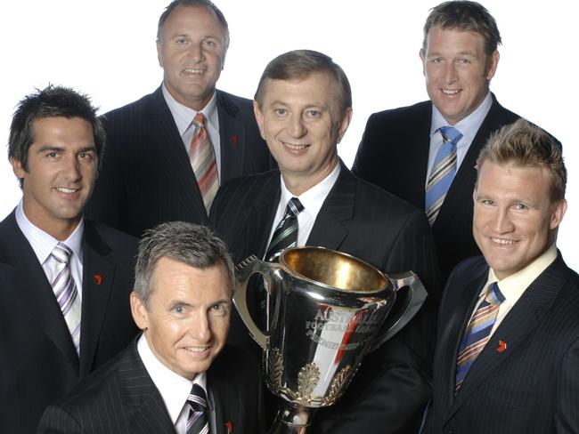 Channel 7’s commentary team in 2008: Rick Olarenshaw, Bruce McAvaney, Tim Watson, Dennis Cometti, David Schwarz and Nathan Buckley.