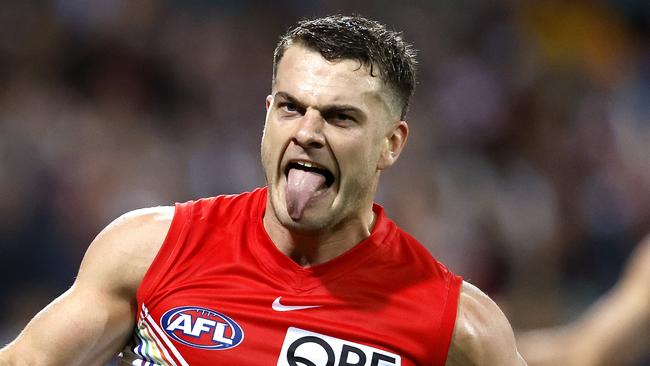 Sydney's Tom Papley celebrates kicking a goal during the AFL Round 13 Pride Game match between the Sydney Swans and St. Kilda Saints at the SCG on June 8, 2023. Photo by Phil Hillyard (Image Supplied for Editorial Use only - **NO ON SALES** - Â©Phil Hillyard )