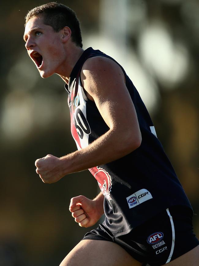 Hayden McLean of Sandringham Dragons celebrates a goal against the Greater Western Victoria Rebels in May.