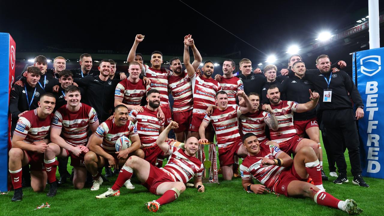 Wigan after winning the 2023 Super League title. Photo by Alex Livesey/Getty Images