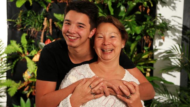 Liam Knight who was injured when a metal pole was speared through his head hugs his mum Mary who has been amazing support for him for Pride of Australia nomination. Picture: Adam Taylor