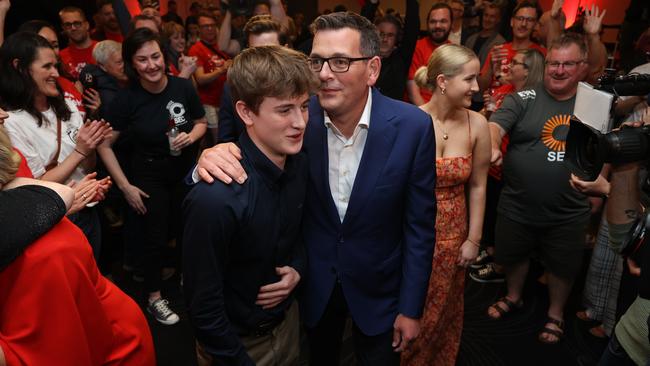 Daniel Andrews arrives at the Village Green Hotel in Mulgrave to give his victory speech. Picture: Jason Edwards