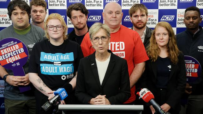 ACTU secretary Sally McManus in Melbourne on Tuesday for the announcement of the 3.5 per cent pay hike. Picture: NewsWire / Ian Currie
