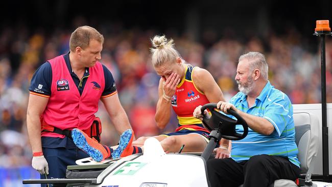 Adelaide's Erin Phillips is taken off on a stretcher with a knee injury in last year’s AFLW grand final. Picture: Tom Huntley