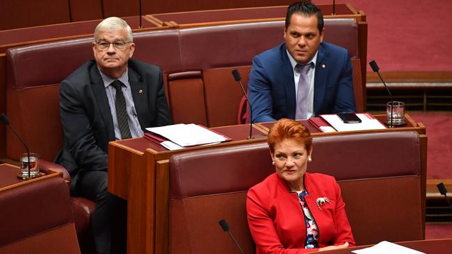 One Nation leader Senator Pauline Hanson, One Nation Senator Brian Burston and One Nation Senator Peter Georgiou during Senate Question Time two weeks ago. Pic: AAP Image/Mick Tsikas.