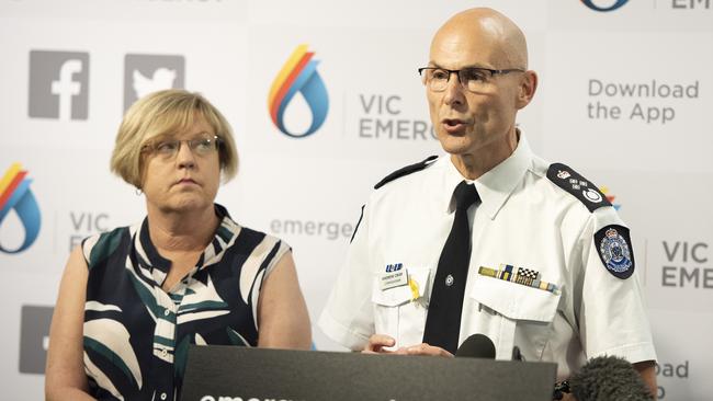 Police Minister Lisa Neville and Andrew Crisp, Emergency Management Commissioner. AAP Image/Ellen Smith
