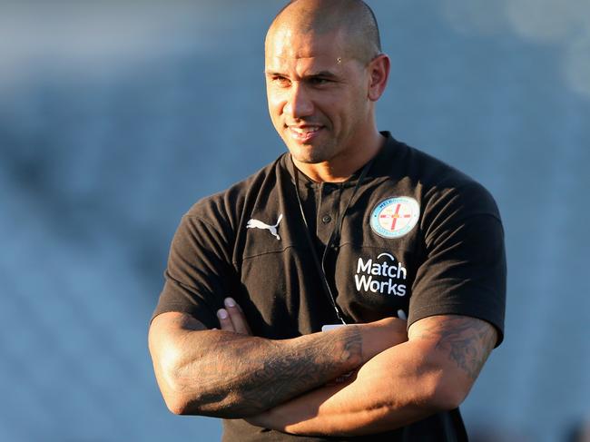 GOSFORD, AUSTRALIA - MARCH 20: Patrick Kisnorbo interim coach of Melbourne City looks on during the round 24 A-League match between the Central Coast Mariners and Melbourne City at Central Coast Stadium on March 20, 2020 in Gosford, Australia. (Photo by Ashley Feder/Getty Images)