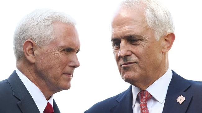 US Vice President Mike Pence and Australian Prime Minister Malcolm Turnbull shake hands during a press conference at Kirribilli House on April 22 in Sydney. Picture: Brendon Thorne/Getty Images