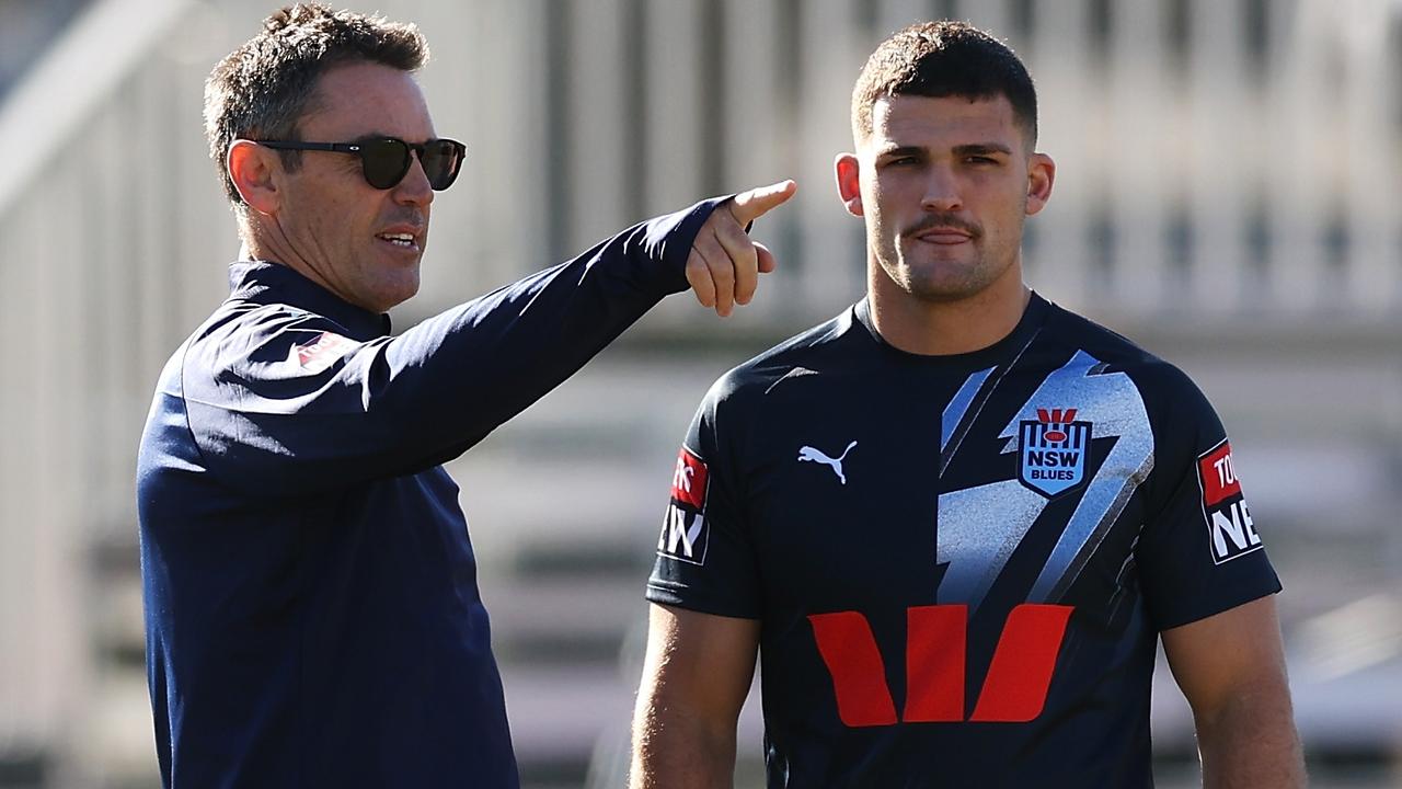 SYDNEY, AUSTRALIA - MAY 23: NSW Blues coach Brad Fittler speaks to Nathan Cleary during a New South Wales Blues State of Origin training session at Coogee Oval on May 23, 2023 in Sydney, Australia. (Photo by Mark Kolbe/Getty Images)