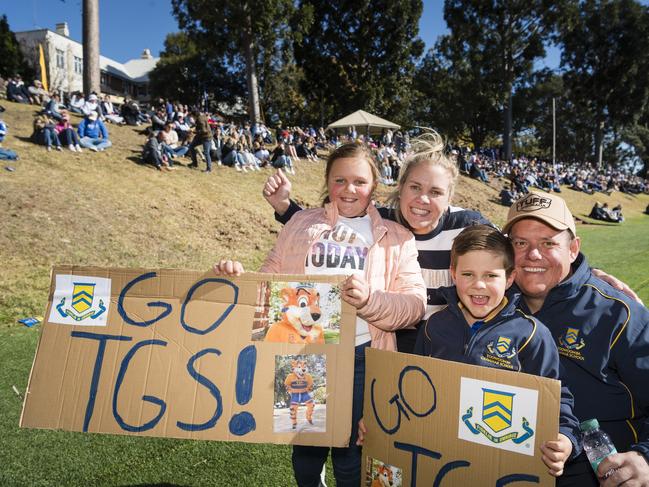 Showing their support for TGS are Ashtyn, Ally, Angus and Anton Griffiths during the O'Callaghan Cup match on Grammar Downlands Day at Toowoomba Grammar School, Saturday, August 19, 2023. Picture: Kevin Farmer