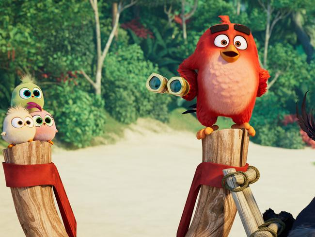 The Hatchlings with Red (voiced by Jason Sudeikis) in a scene from the movie Angry Birds 2.