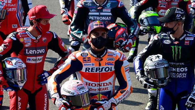 Marc Marquez fronts the rider line-up at the Jerez track before the Spanish Grand Prix.