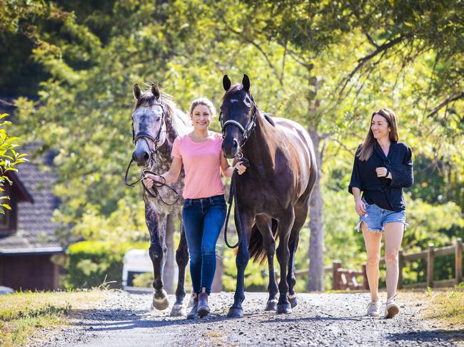 Injured jockey Tegan Harrison (right) and Liz Cantor (pink top) with a horse, Tegan had a fall and Liz has been exercising the horses while Tegan recovers. Picture: NIGEL HALLETT