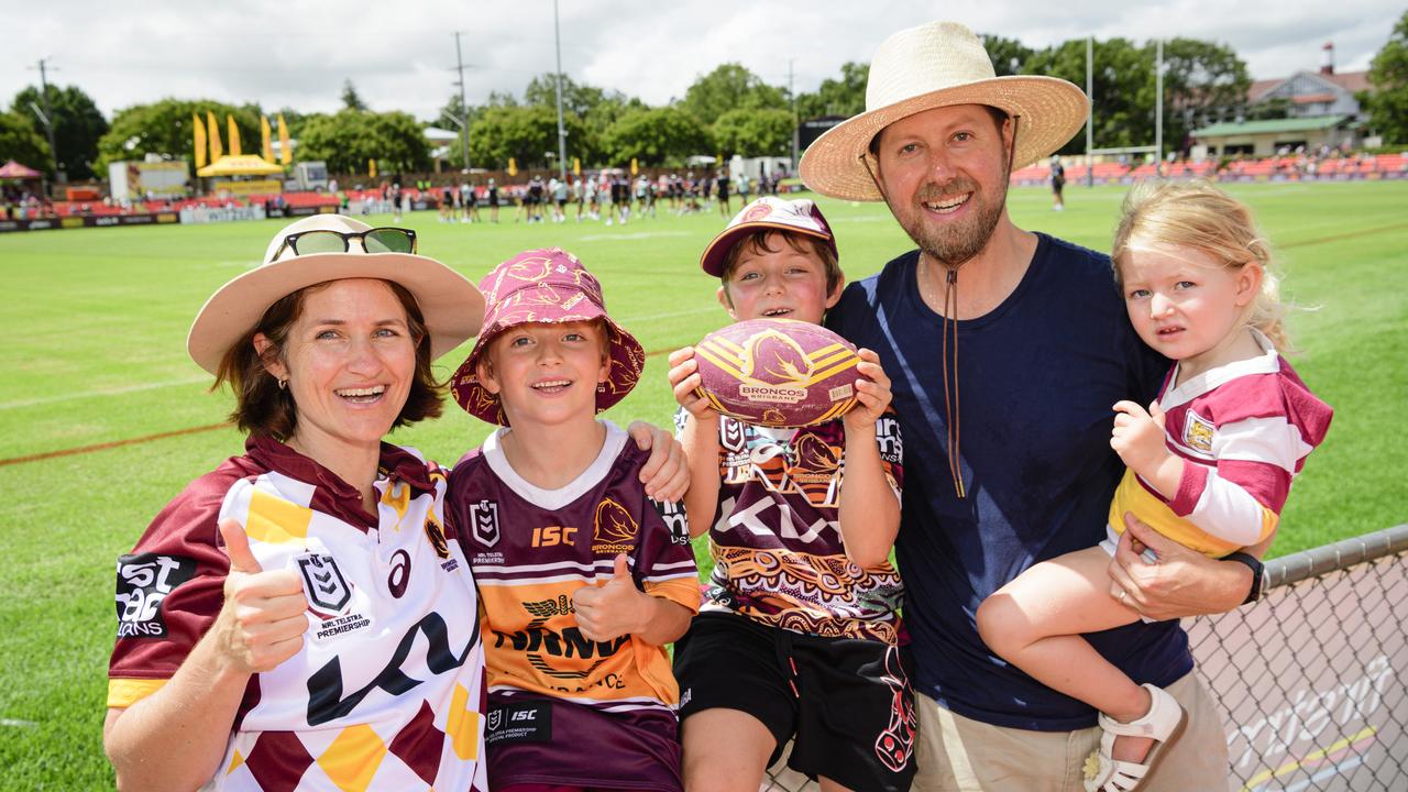 Teagan and Tim Davidson with their kids (from left) Joey, Alf and Annie at the Brisbane Broncos Captain's Run and Toowoomba Fan Day at Toowoomba Sports Ground, Saturday, February 15, 2025. Picture: Kevin Farmer