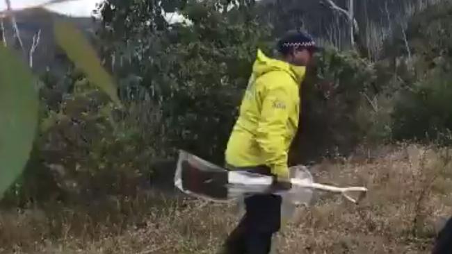 Police have uncovered a two shovels (one pictured) after moving their search for missing campers Carol Clay and Russell Hill 80km northeast of their original campsite. Picture: Channel 9