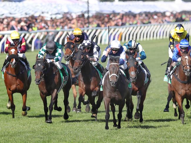 MELBOURNE, AUSTRALIA - NewsWire Photos, NOVEMBER 11, 2023. Atishu ridden. by James McDonald wins the Champions Stakes at the TAB Champion Stakes Day at Flemington Racecourse in Melbourne. Picture: NCA NewsWire / David Crosling