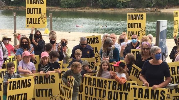 Protesters gather for the launch of anti-light rail group Save Our Southern Gold Coast at Tallebudgera Community Centre.