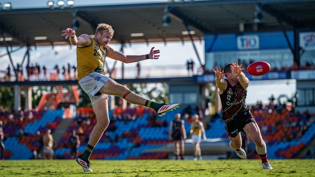 Jackson Calder playing for St Mary's against the Tiwi Bombers in the 2024-25 NTFL semi-finals. Picture: Patch Clapp / AFLNT Media