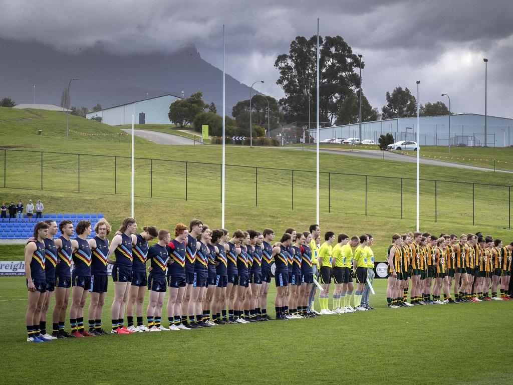 Guilford Young College and St Patrick’s College players line up before the game. Picture: Chris Kidd